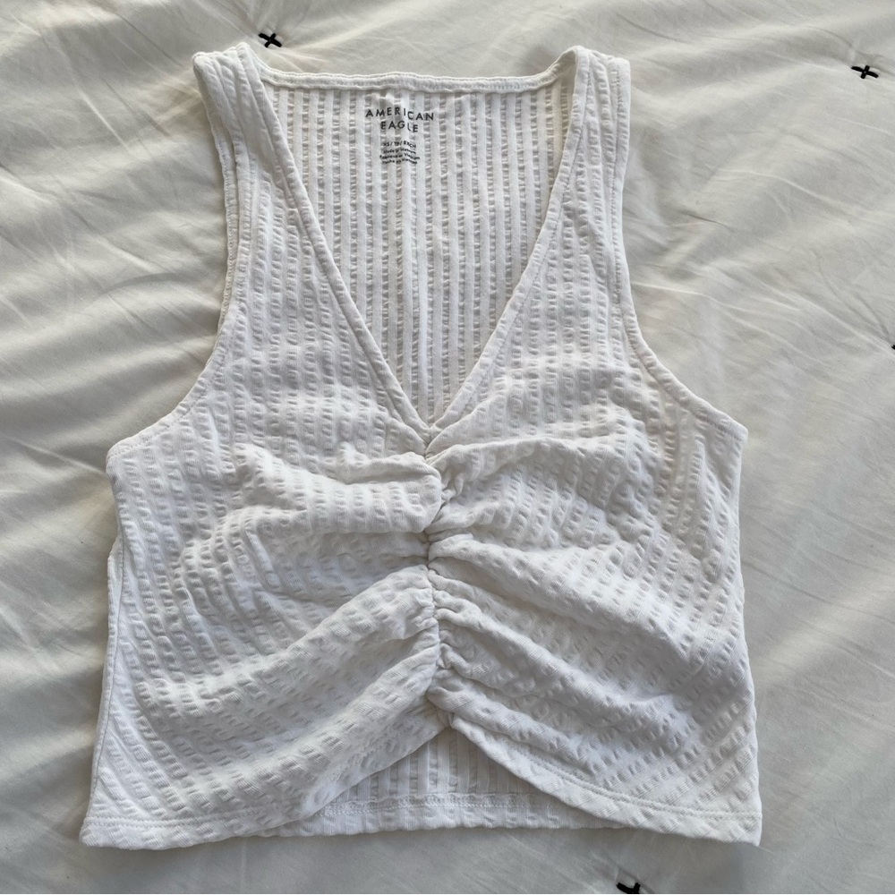 American Eagle Cropped Cinch-Front Tank Top - White - Ribbed- Extra Small